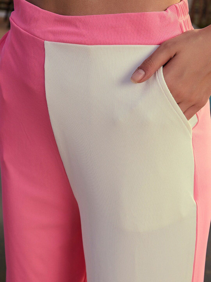 Athena Women Pink & White Colourblocked Sleeveless Top & Trousers
