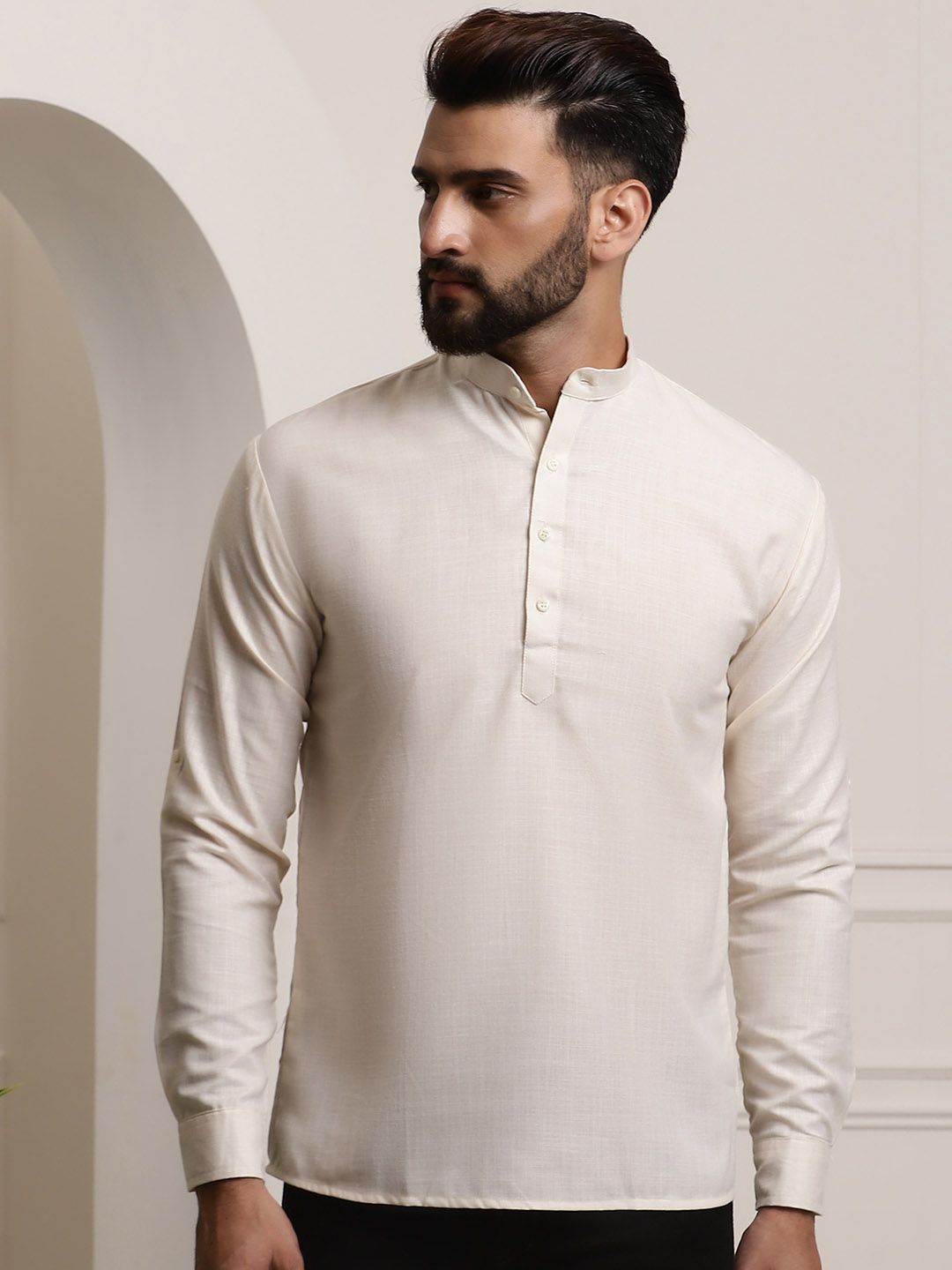 SOJANYA Lelaki Off White Cotton Solid Kurta Panjang Atas Lutut
