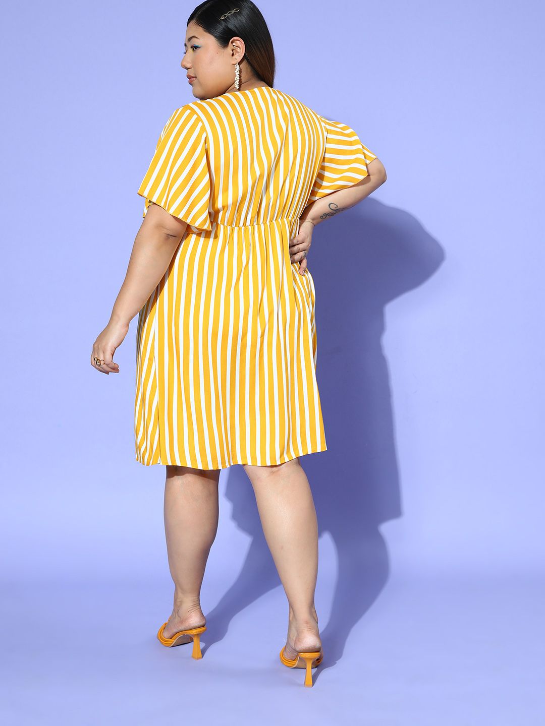 Berrylush Curve Striped Flutter Sleeve A-Line Dress