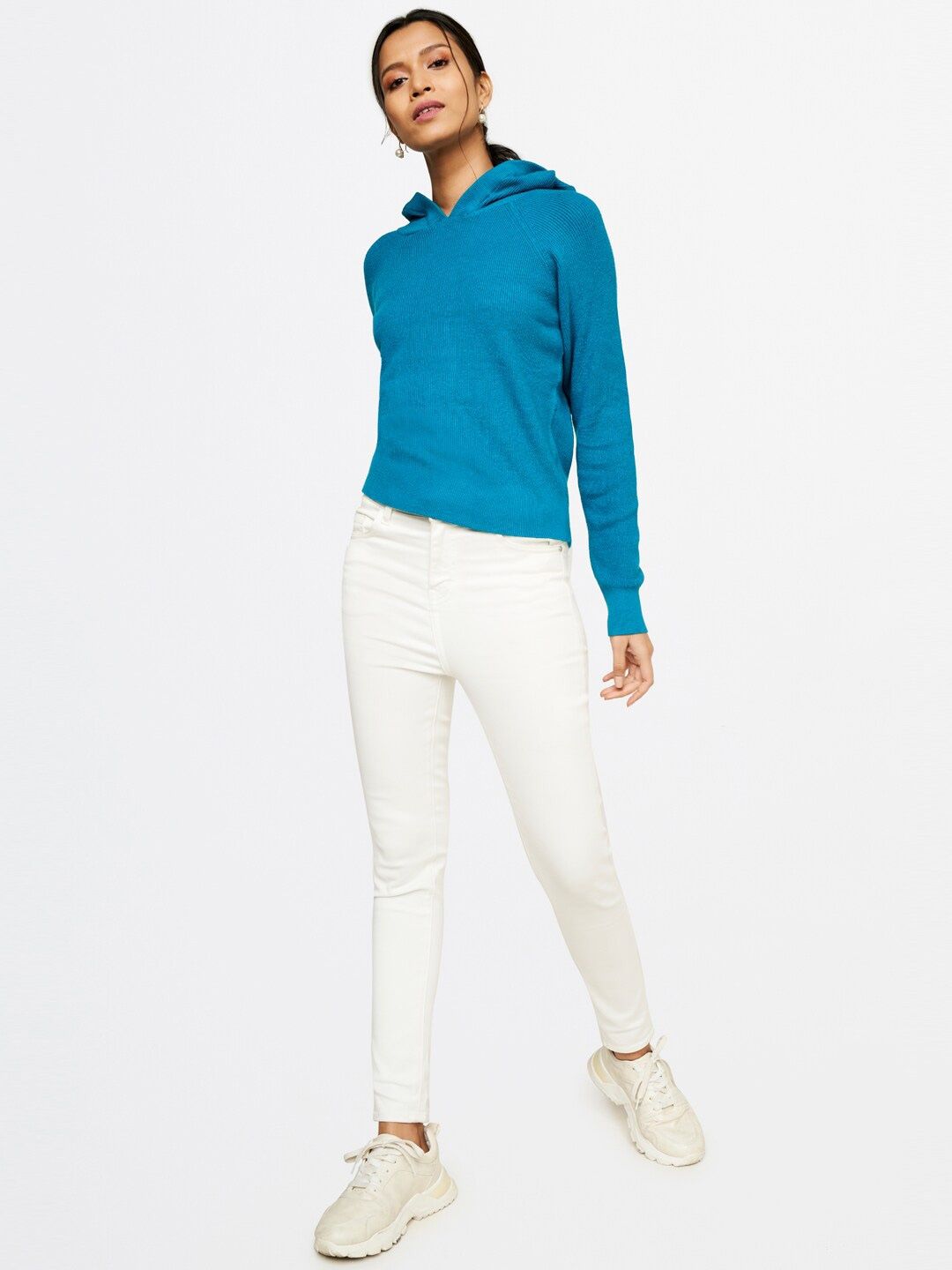 AND Women Blue Solid Hooded T-Shirt