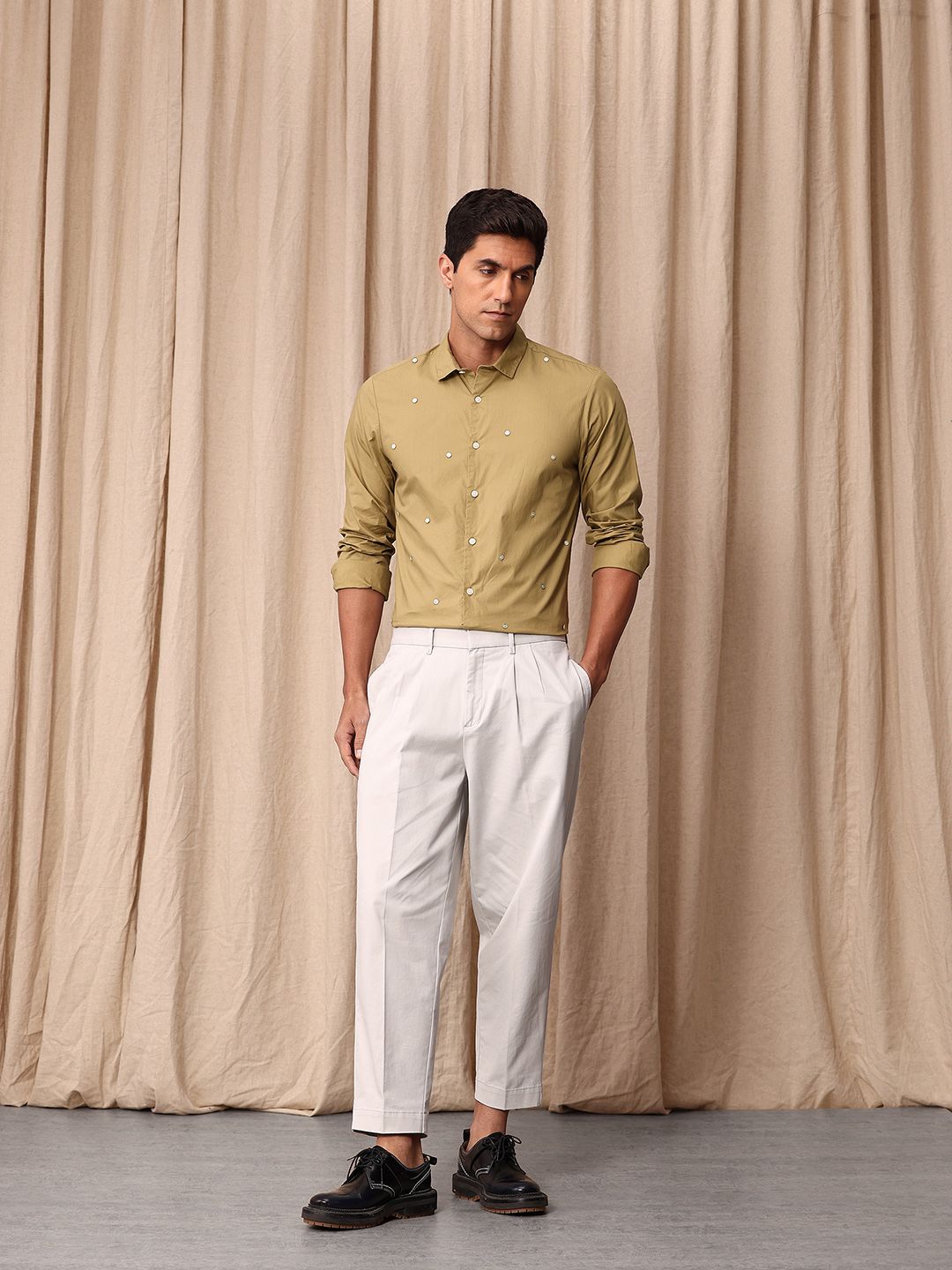 Mr Bowerbird Pure Cotton Button Detail Tailored Fit Casual Shirt