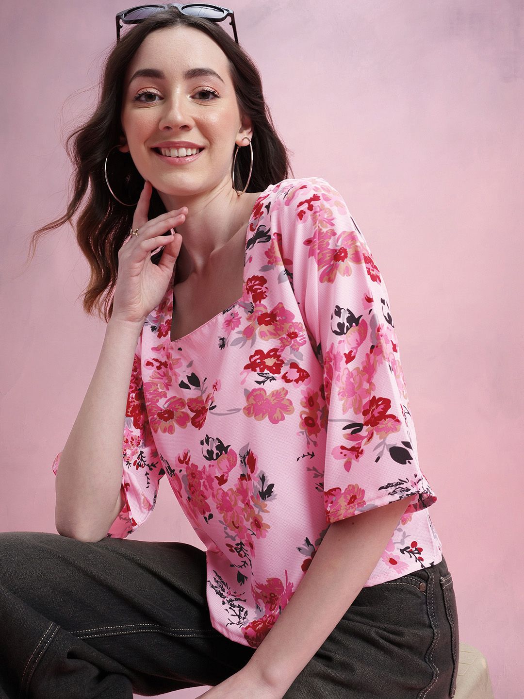 DressBerry Floral Print Square Neck Flared Sleeves Top