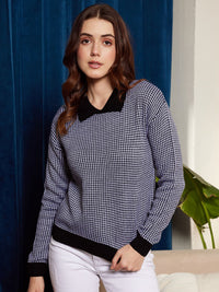 Berrylush Black & White Houndstooth Pattern Contrast Collar Acrylic Pullover Sweater