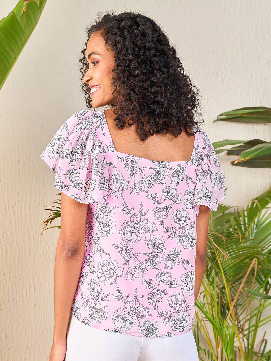 SASSAFRAS Pink Floral Printed Flutter Sleeve Georgette Top