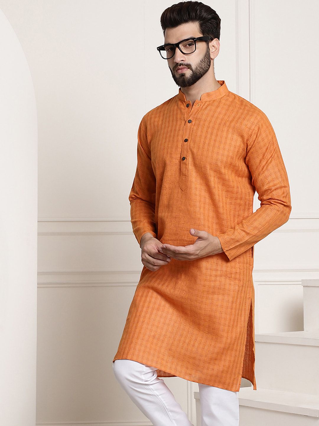 SOJANYA Checked Woven Design Mandarin Collar Straight Kurta