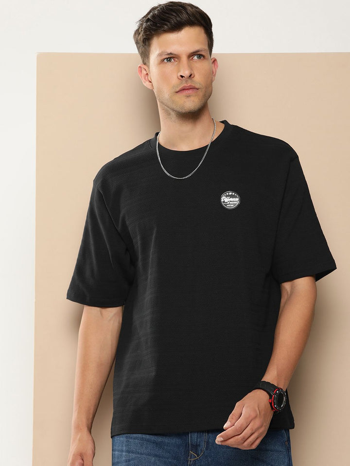 Difference of Opinion Men Black Solid Cotton Drop-Shoulder Oversized Fit T-shirt