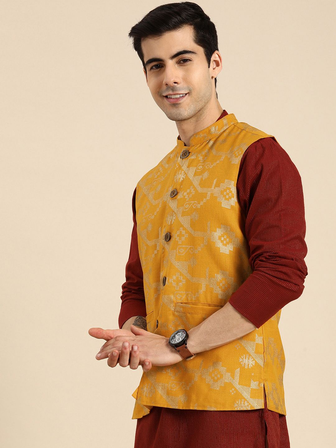 Anouk Men Mustard Yellow & Gold-Toned Printed Nehru Jacket
