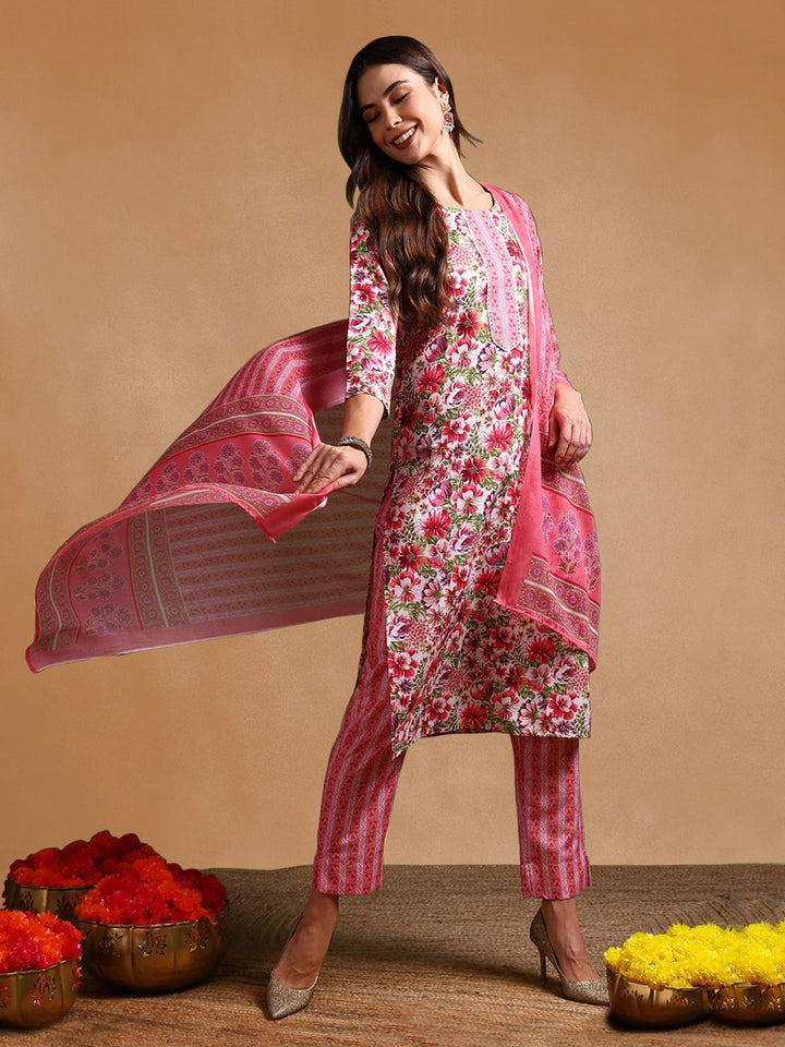 KALINI Floral Printed Round Neck Straight Kurta With Trousers & Dupatta