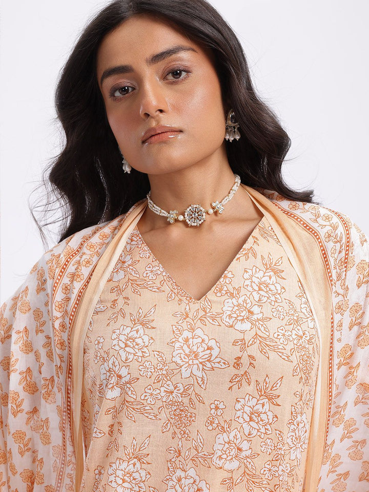Anouk Floral Printed Cotton Kurta with Trousers & With Dupatta