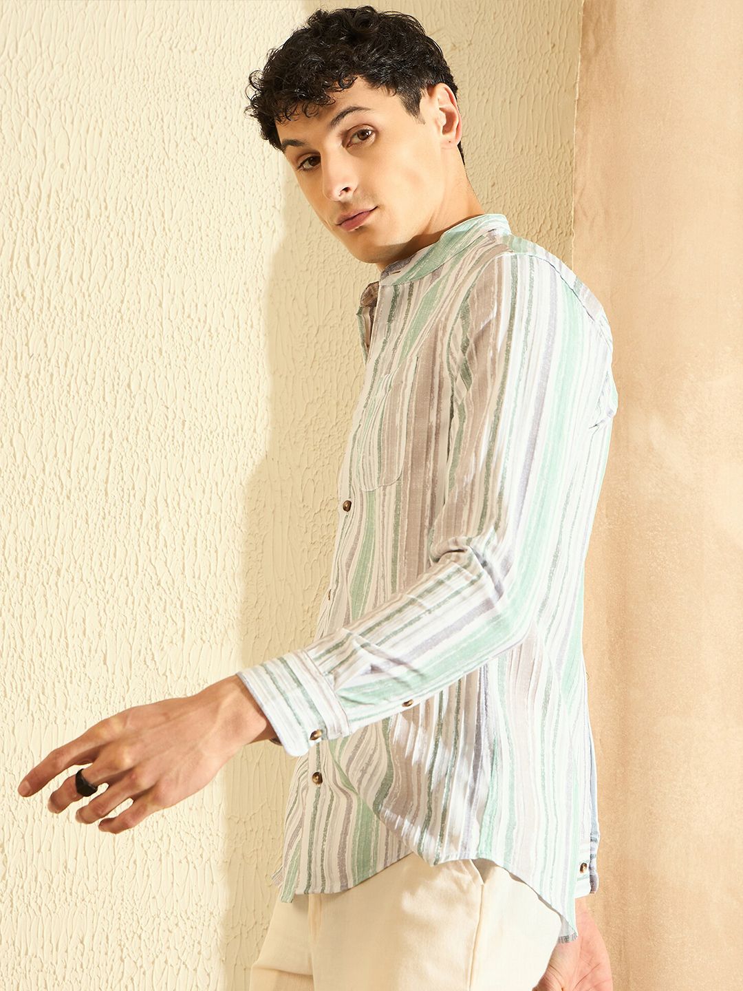 DENNISON Smart Striped Band Collar Casual Shirt