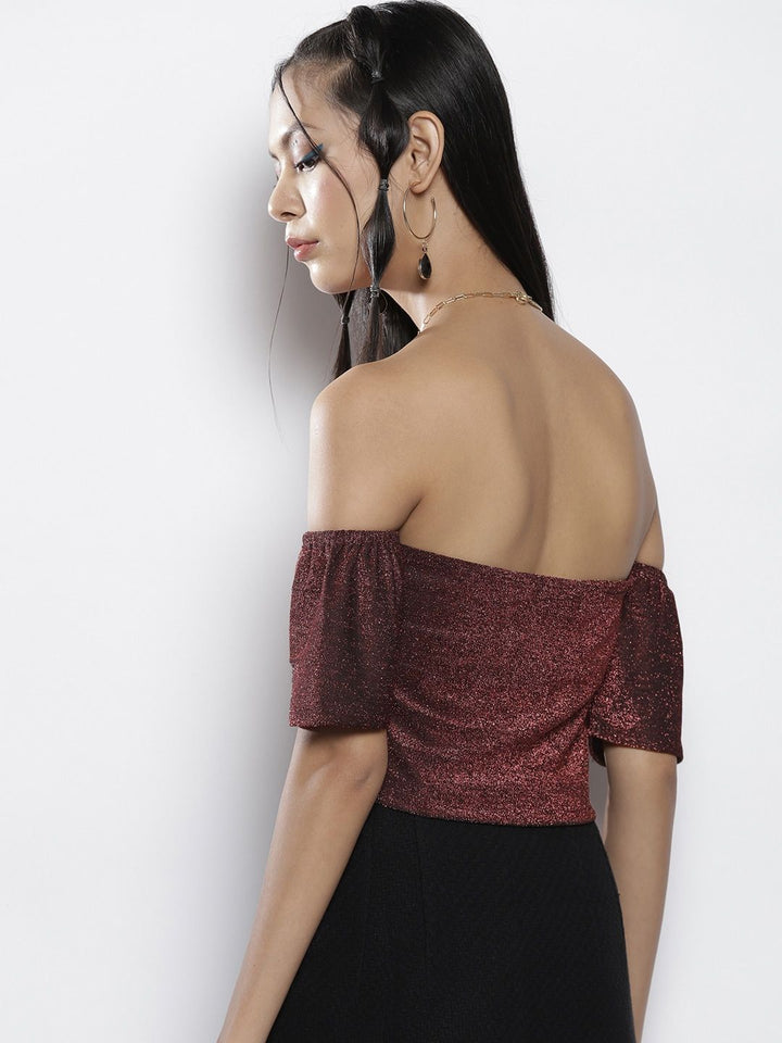 SASSAFRAS Women Pink Embellished Off-Shoulder Crop Top