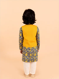 pspeaches Boys Navy Blue Floral Printed Pure Cotton Kurta with Trousers & With Dupatta