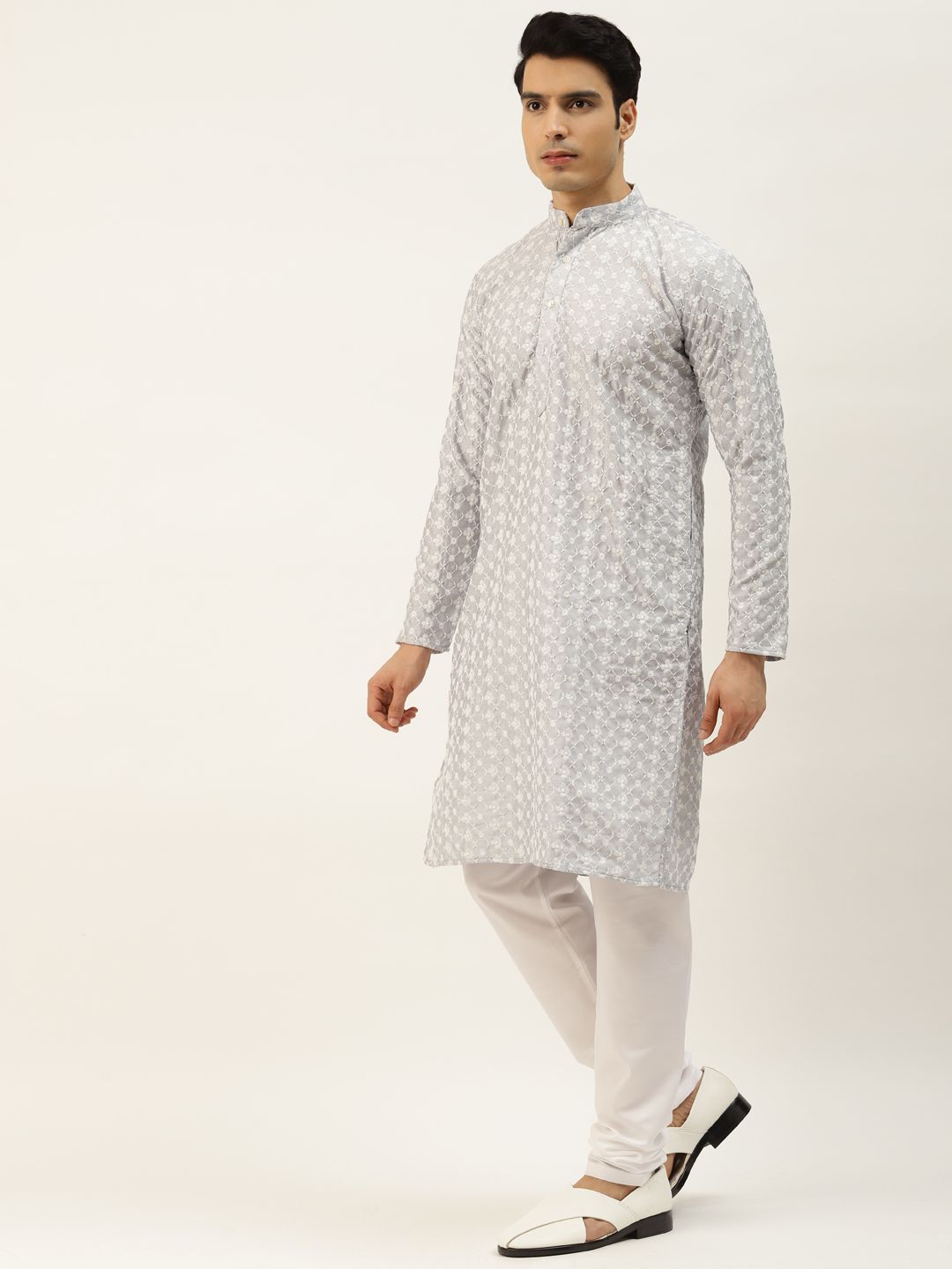 SOJANYA Men Grey Chikankari Embroidered Kurta with Churidar & Nehru Jacket