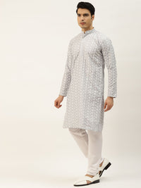 SOJANYA Men Grey Chikankari Embroidered Kurta with Churidar & Nehru Jacket