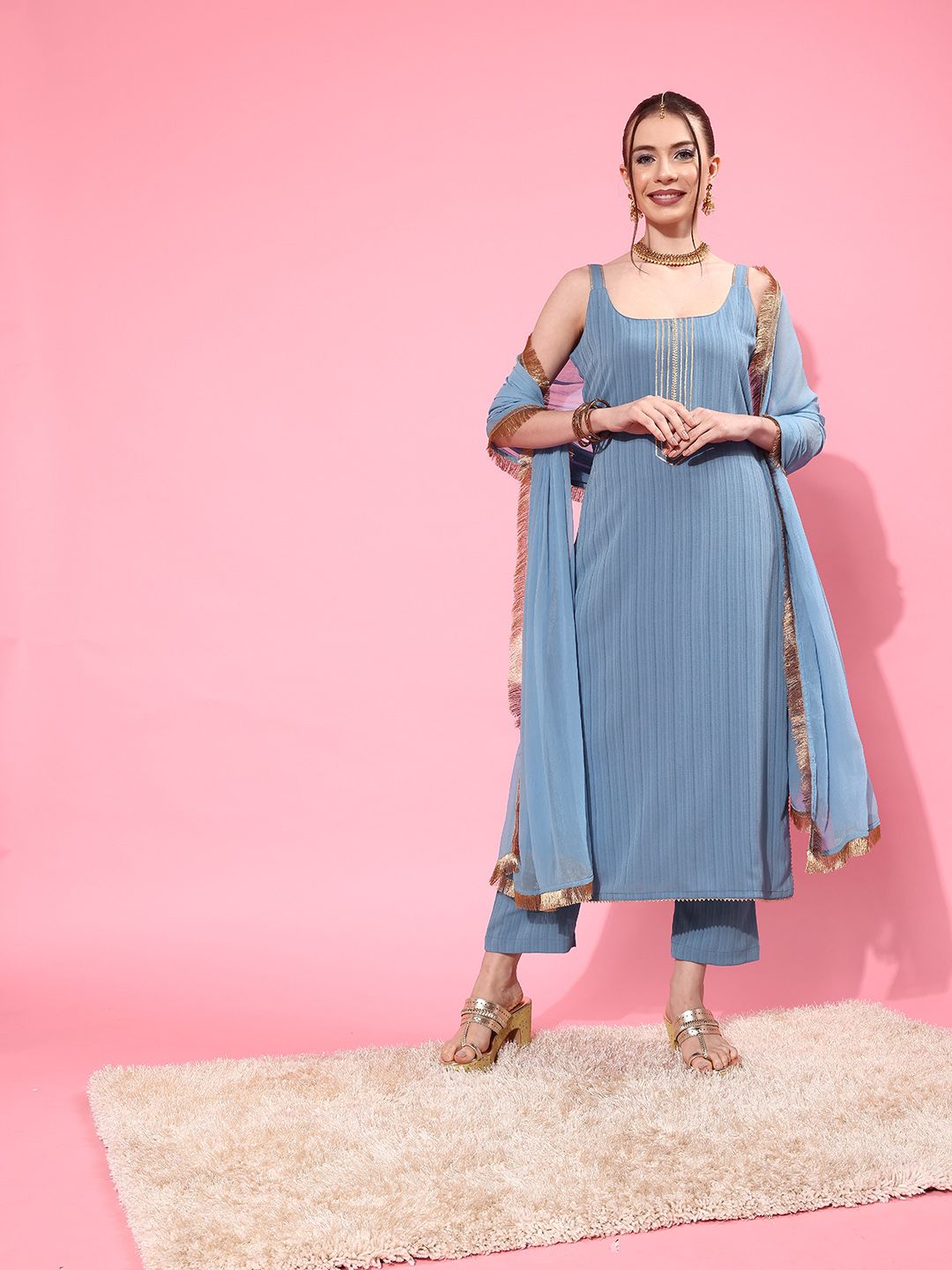 Varanga Blue Sleeveless Kurta with Trouser and Dupatta