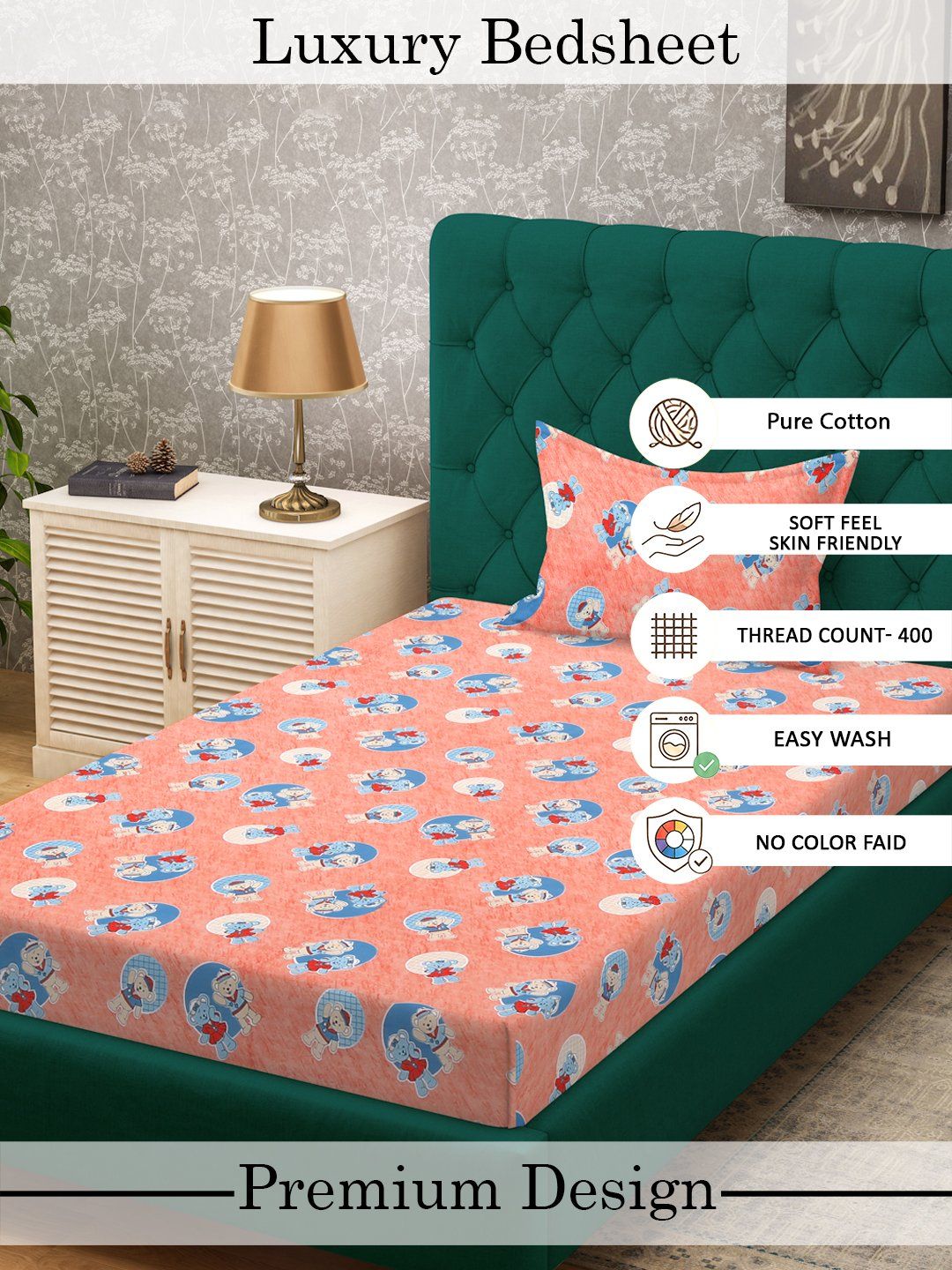 Myntra Elegant Homes Orange Cartoon Characters 400 TC Single Bedsheet with 1 Pillow Covers