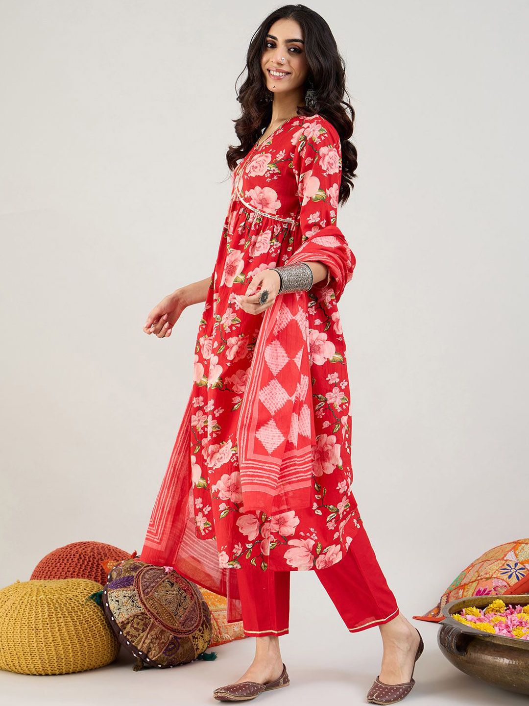 Indo Era Floral Printed Empire Gotta Patti Pure Cotton Kurta & Trousers & Dupatta