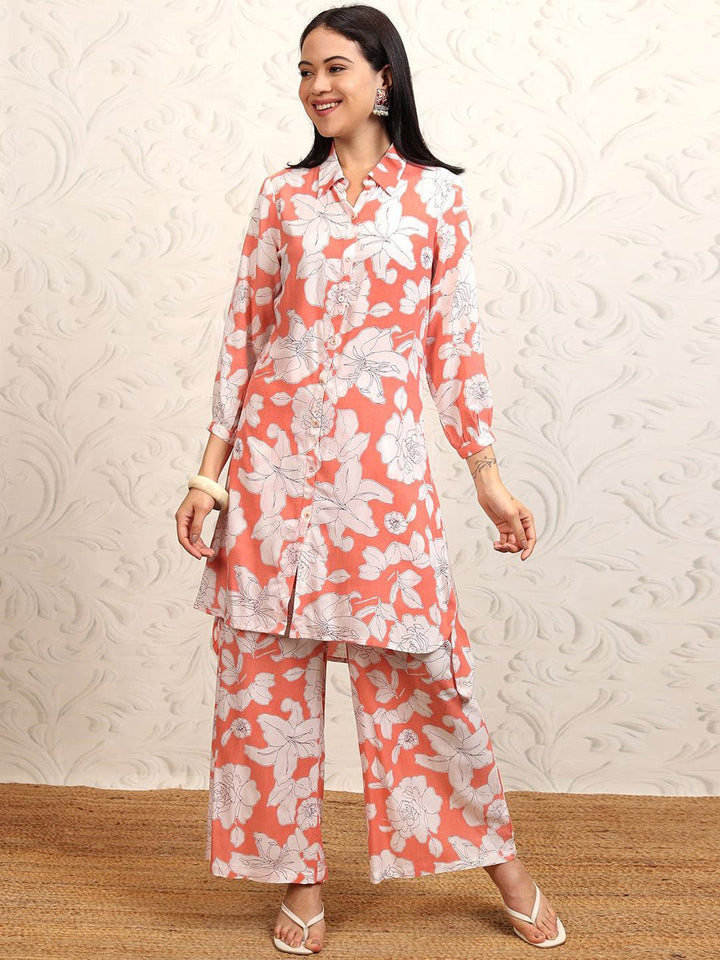 Vishudh Coral Pink Floral Printed Pure Cotton Longline Shirt With Palazzos