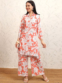 Vishudh Coral Pink Floral Printed Pure Cotton Longline Shirt With Palazzos
