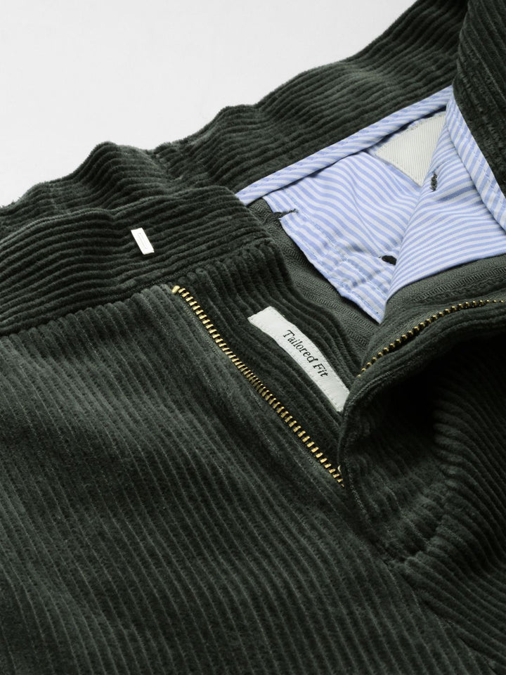 Mr Bowerbird Men Olive Green Tailored Fit Self-Striped Cropped Corduroy Regular Trousers