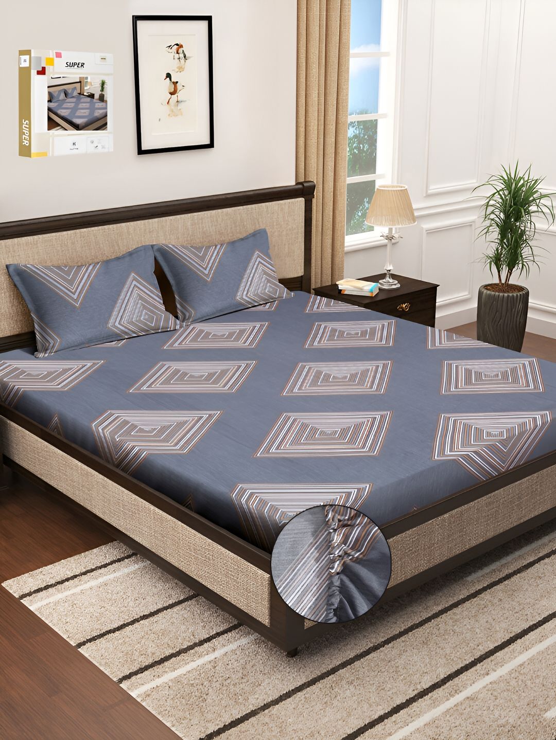 KLOTTHE Printed 300 TC Double Fitted Bedsheet with 2 Pillow Cover In Book Fold Packing