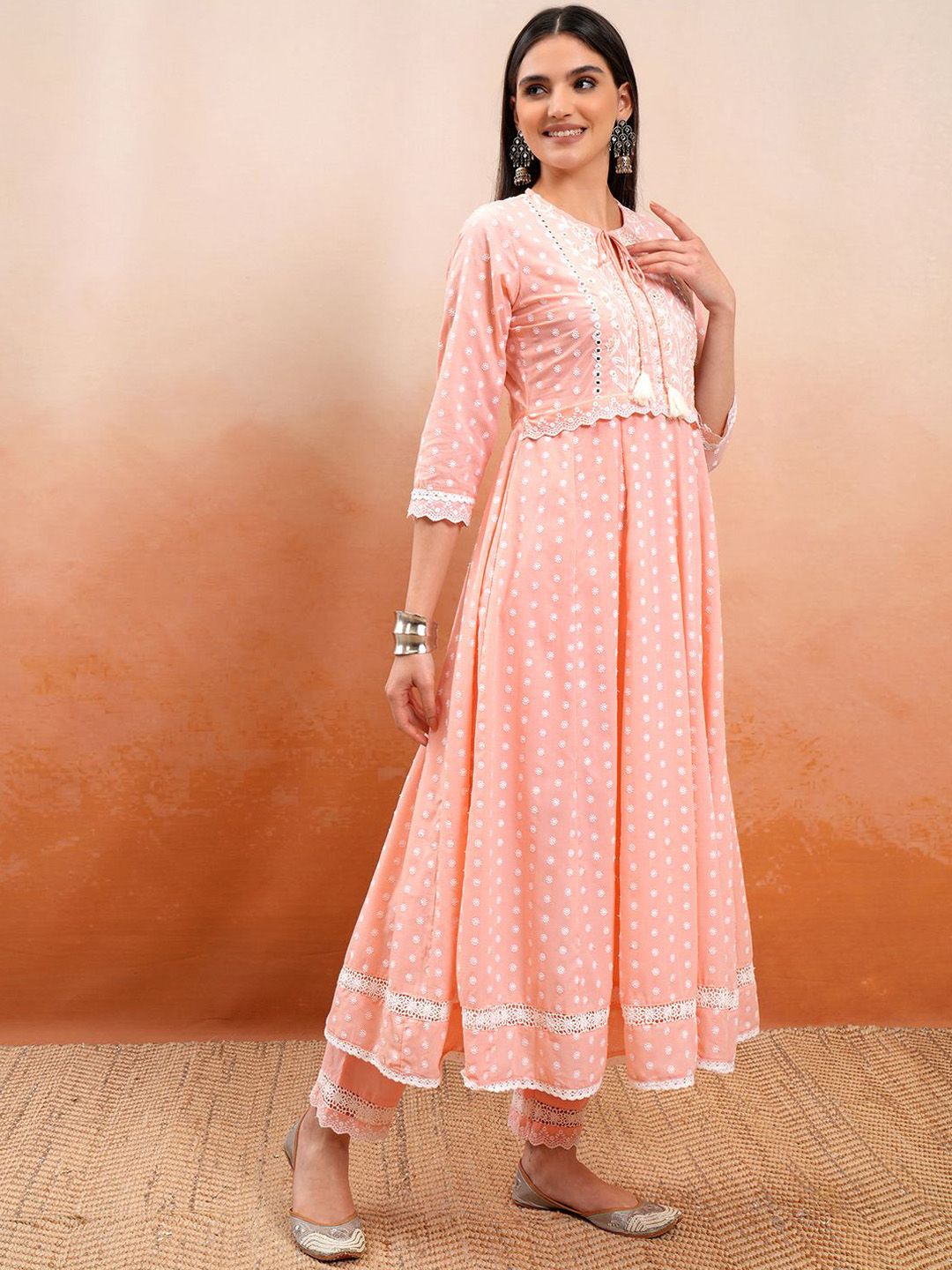 Vishudh Peach Embroidered Mirror Work Pure Cotton Anarkali Kurta With Trousers & Dupatta