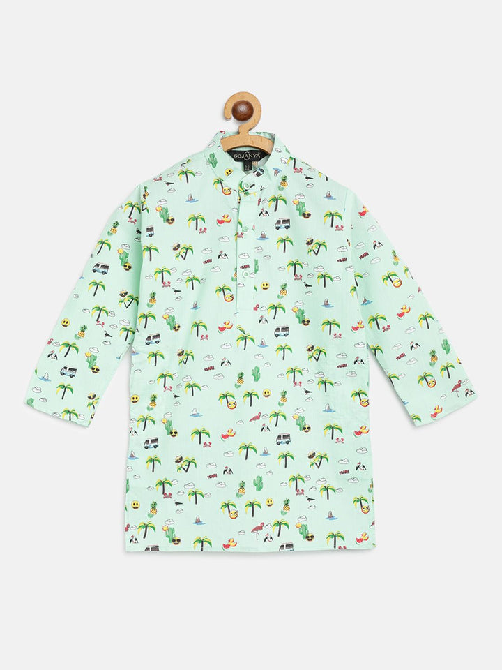 SOJANYA Boys Mint Green & Yellow Tropical Print Kurta Cotton Lurus