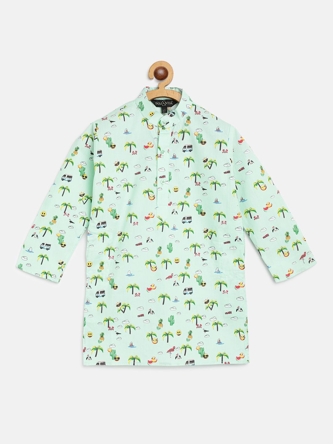 SOJANYA Boys Mint Green & Yellow Tropical Print Kurta Cotton Lurus