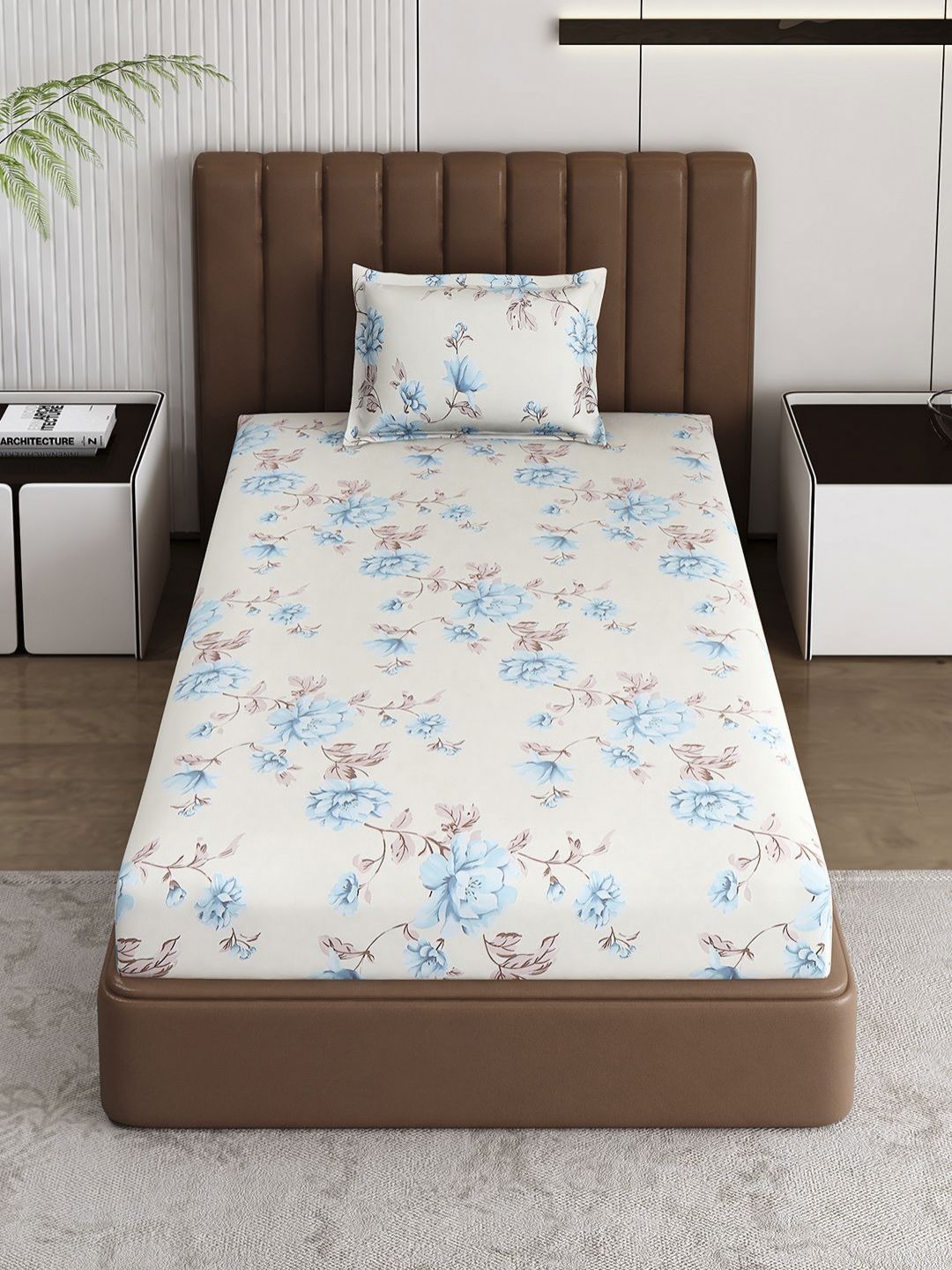 Monte Carlo Off White & Blue Floral Printed 120 TC Single Bedsheet Set 1.52 m x 2.30 m