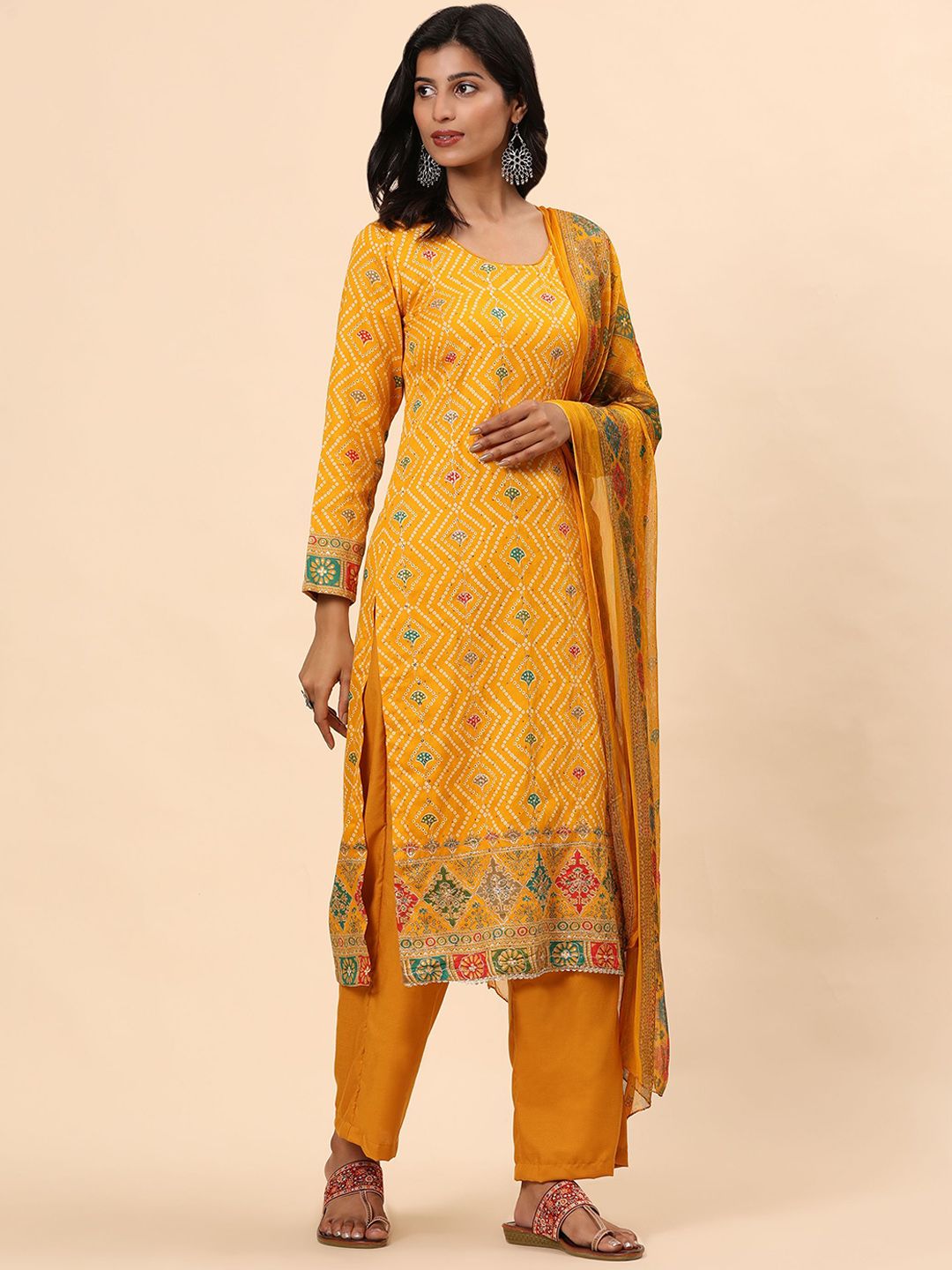 Mamicha Bandhani Printed Beads & Stones Pure Cotton Straight Kurta with Palazzos & Dupatta