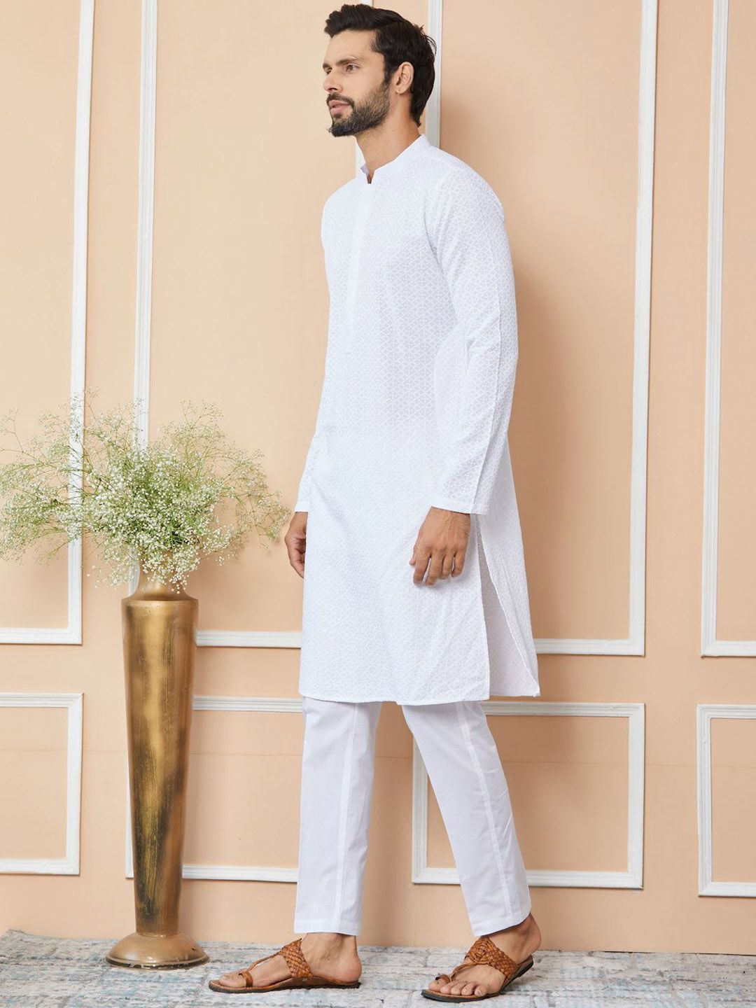 See Designs Floral Embroidered Mandarin Collar Pure Cotton Straight Kurta With Trousers