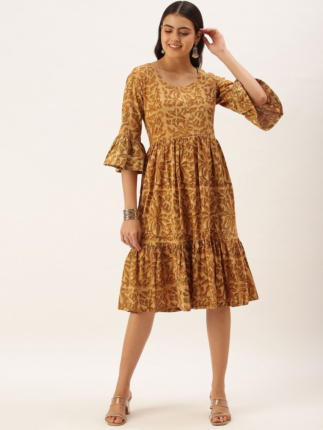 KALINI Floral Printed Bell Sleeves Cotton Fit and Flare Dress