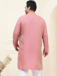 SOJANYA PLUS Men Pink & Golden Jacquard Silk Woven Design Kurta Lurus