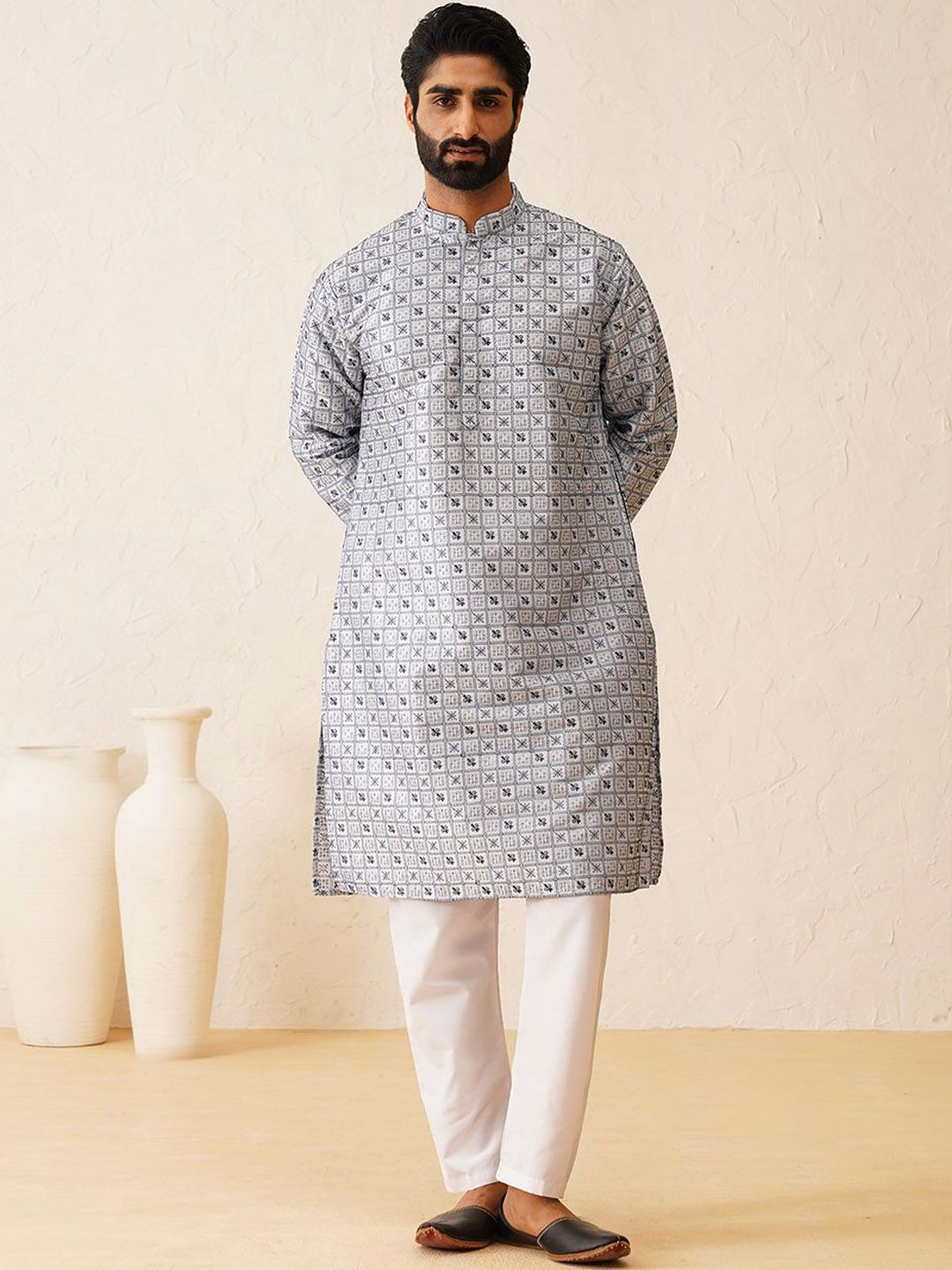 SOJANYA LUXE Motif Etnik Bersulam Kurta Sutera Kapas Labuci Dengan Piyama