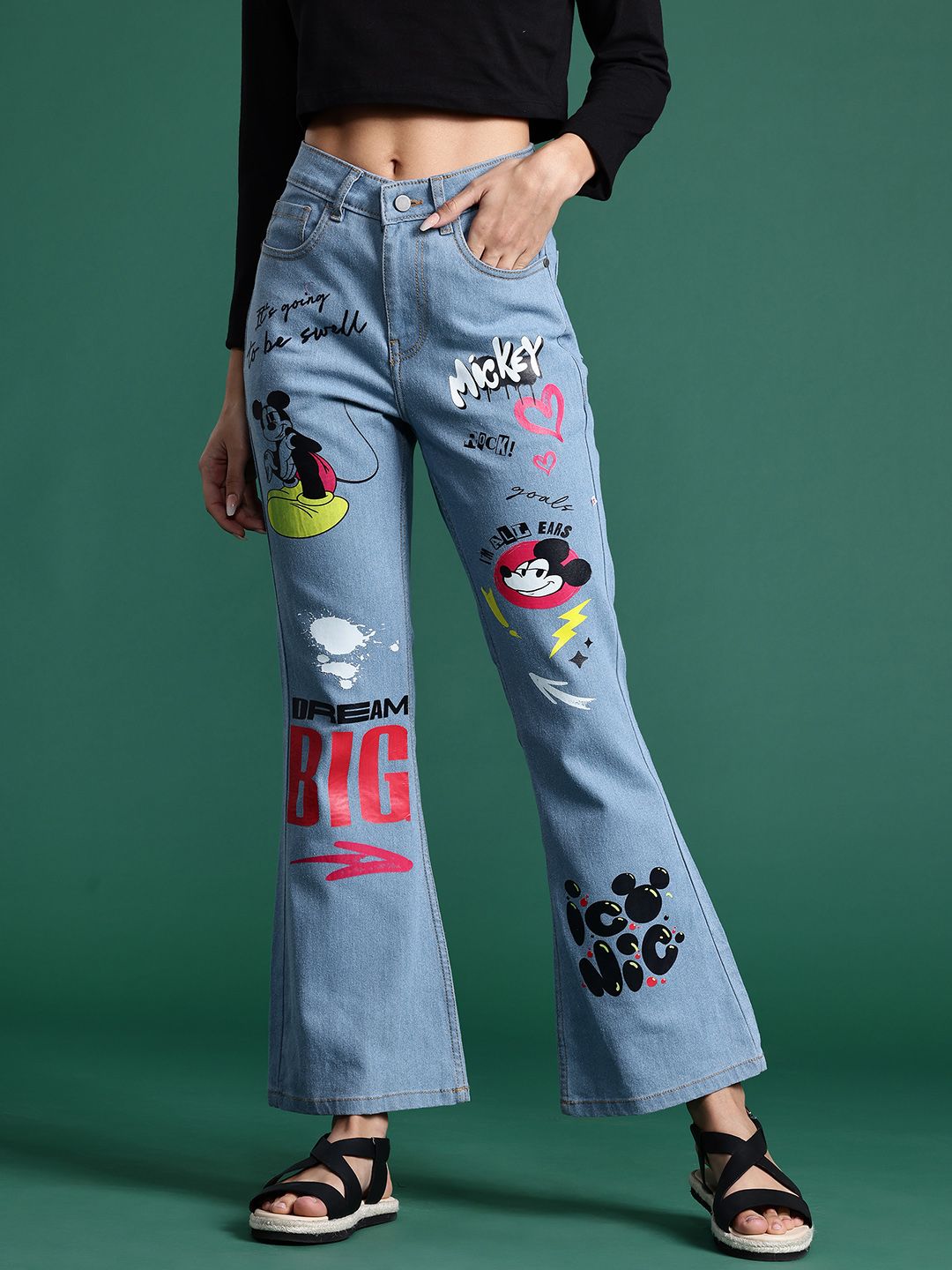 DressBerry Women Mickey Mouse Printed Slim Flared Fit Stretchable Jeans