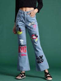 DressBerry Women Mickey Mouse Printed Slim Flared Fit Stretchable Jeans