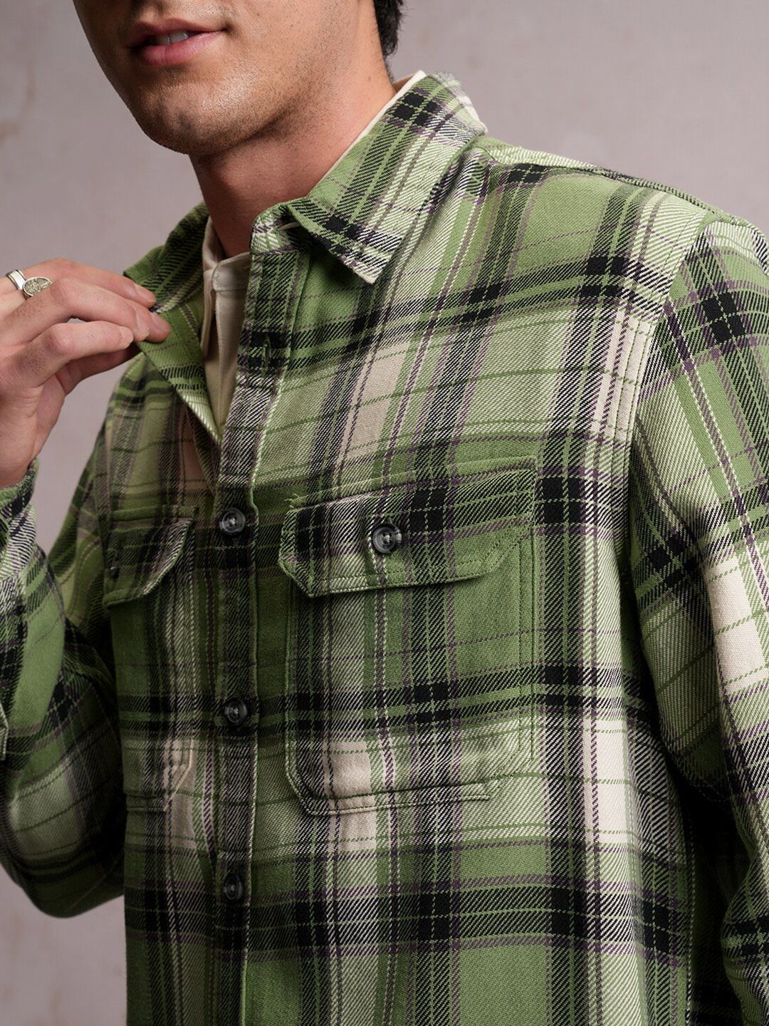 LOCOMOTIVE Textured Checked Utility Pocket Overshirt