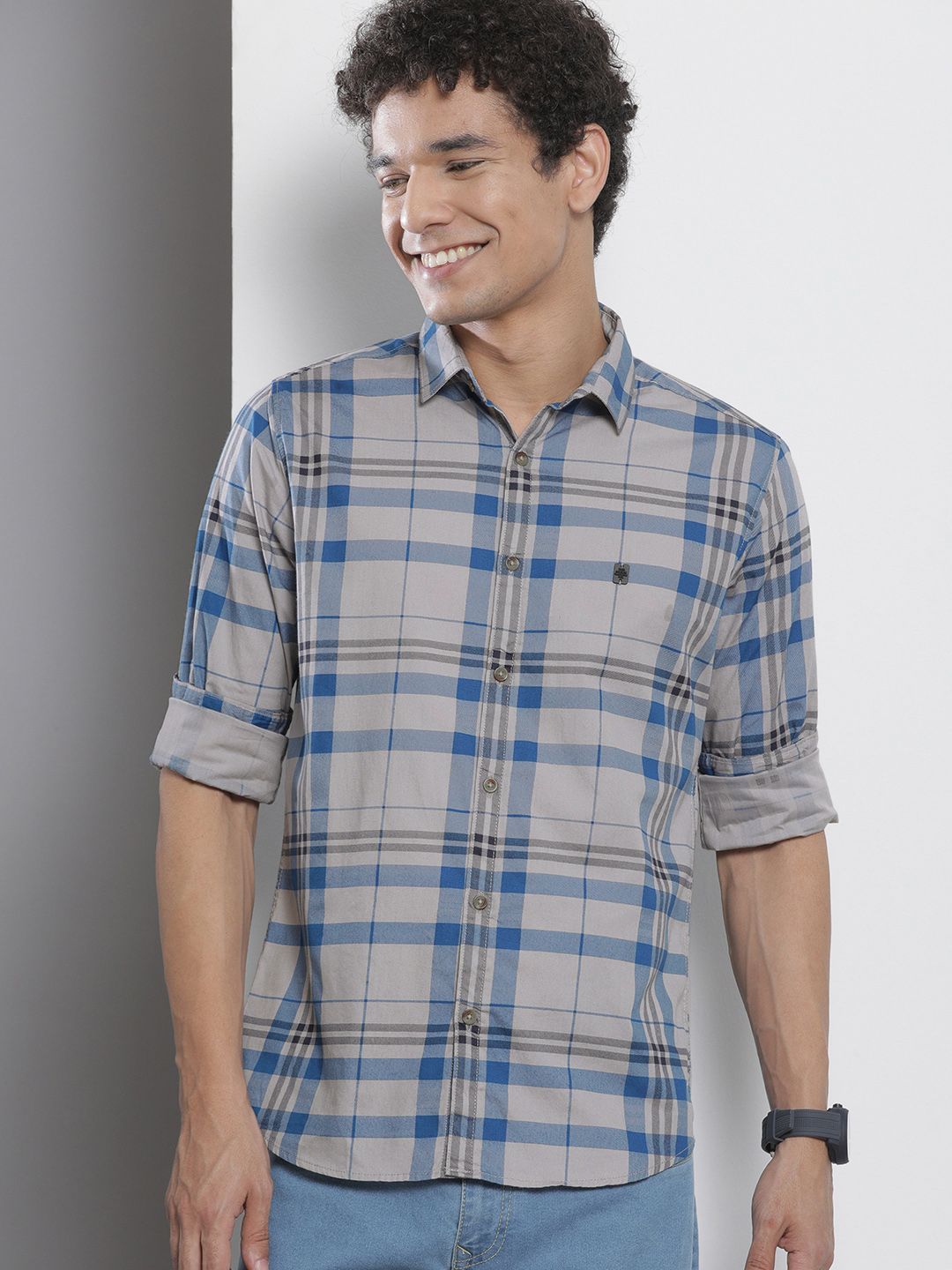 The Indian Garage Co Men Grey & Blue Checked Pure Cotton Twill Weave Casual Shirt
