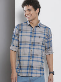 The Indian Garage Co Men Grey & Blue Checked Pure Cotton Twill Weave Casual Shirt