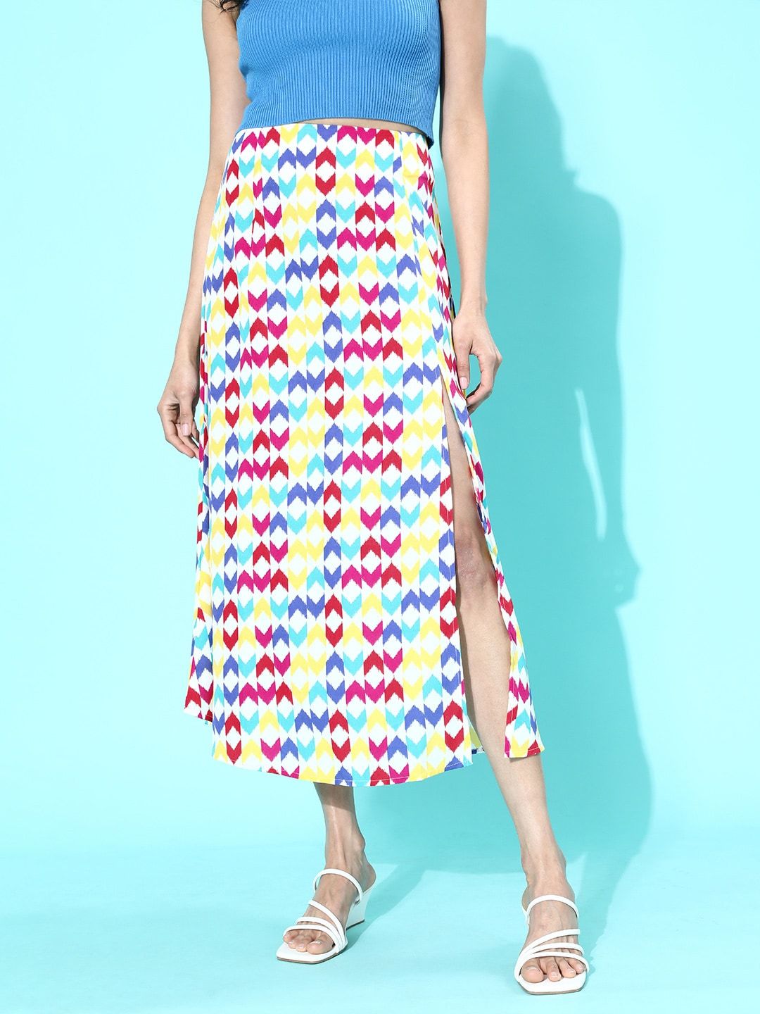 Berrylush Multicoloured Geometric Printed Polyester Crepe Casual Flared Midi A Line Skirt