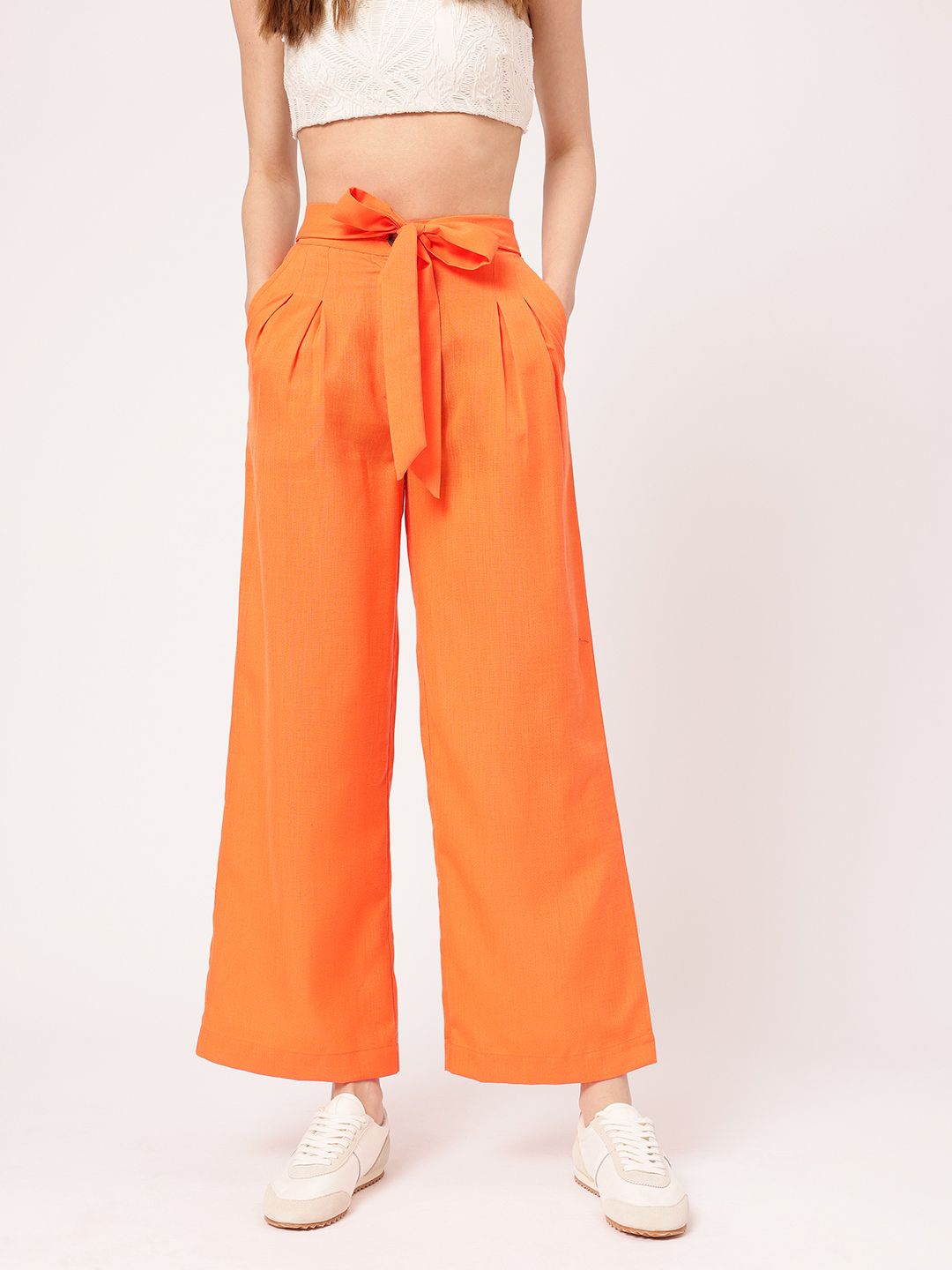 Femme Chic Ribbon Tie-Up Pleated High-Rise Trousers
