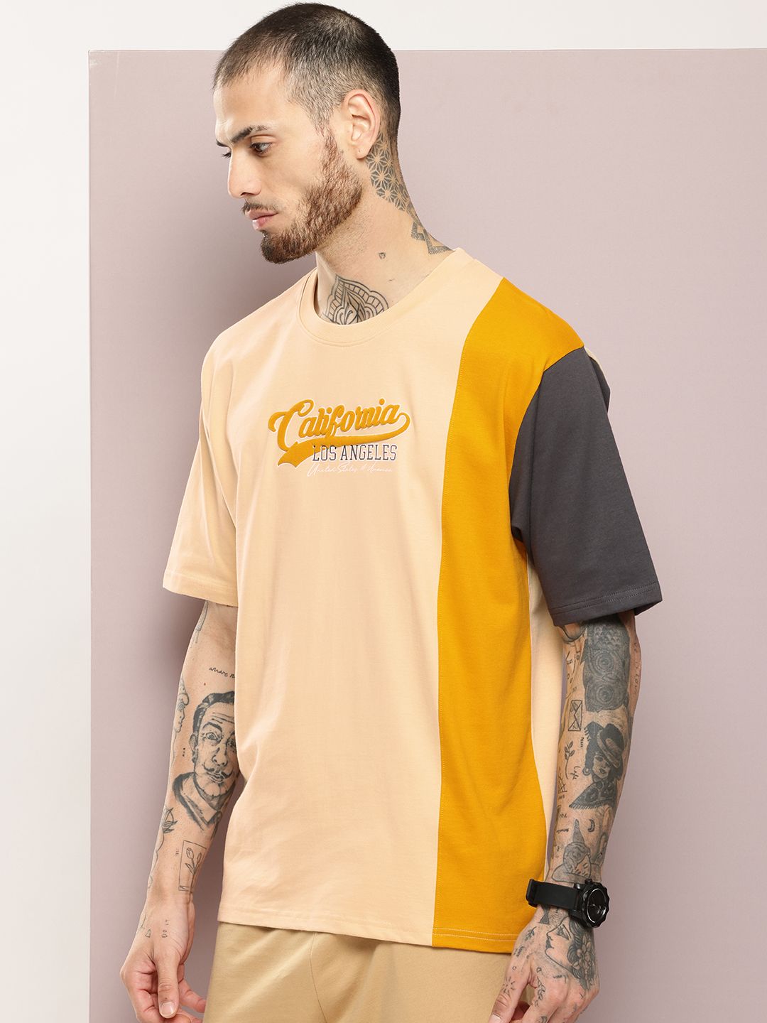 DILLINGER Men Varsity Printed Embossed Oversized T-shirt