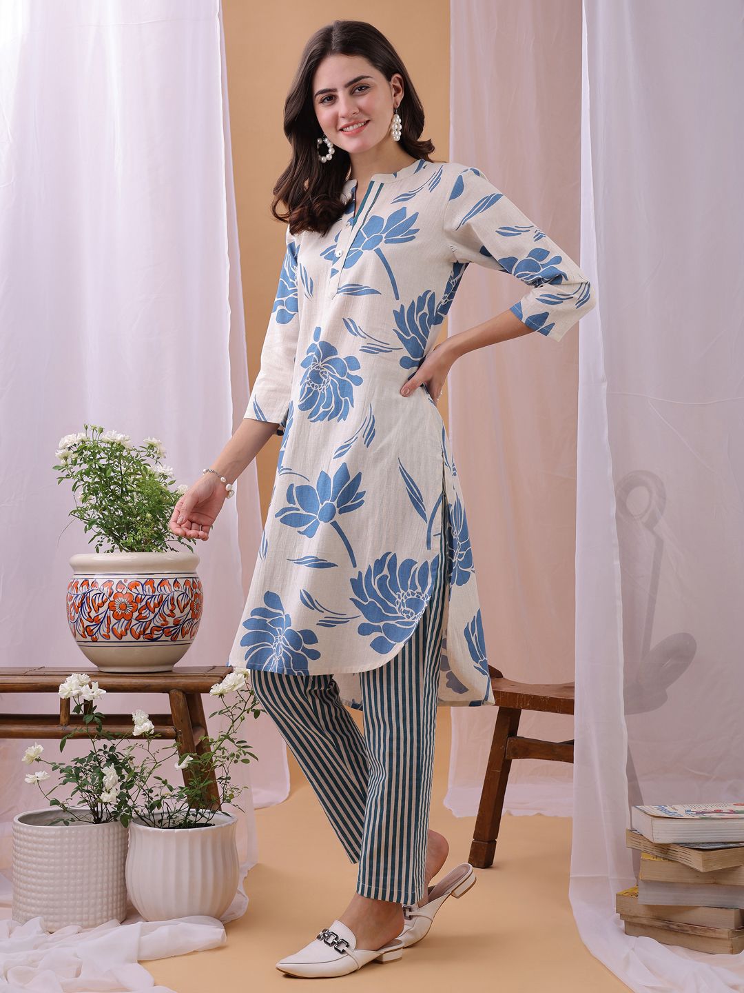 Saanjh Floral Printed Pure Cotton Tunic & Trousers Co-Ord Set
