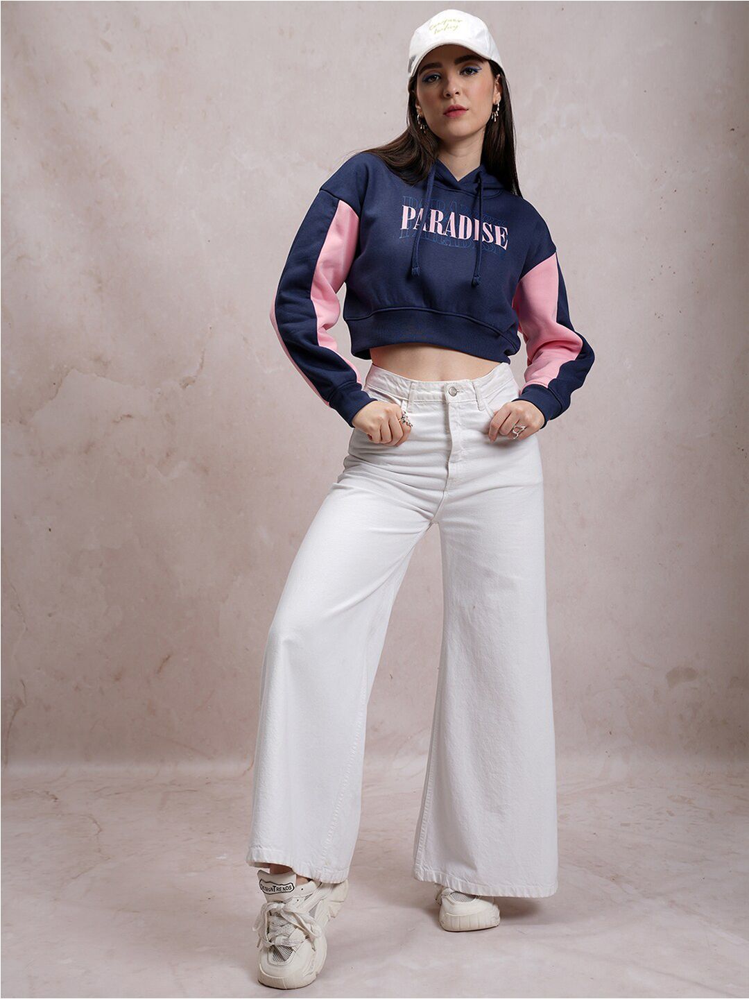 Tokyo Talkies Navy Blue Typography Printed Hooded Pullover