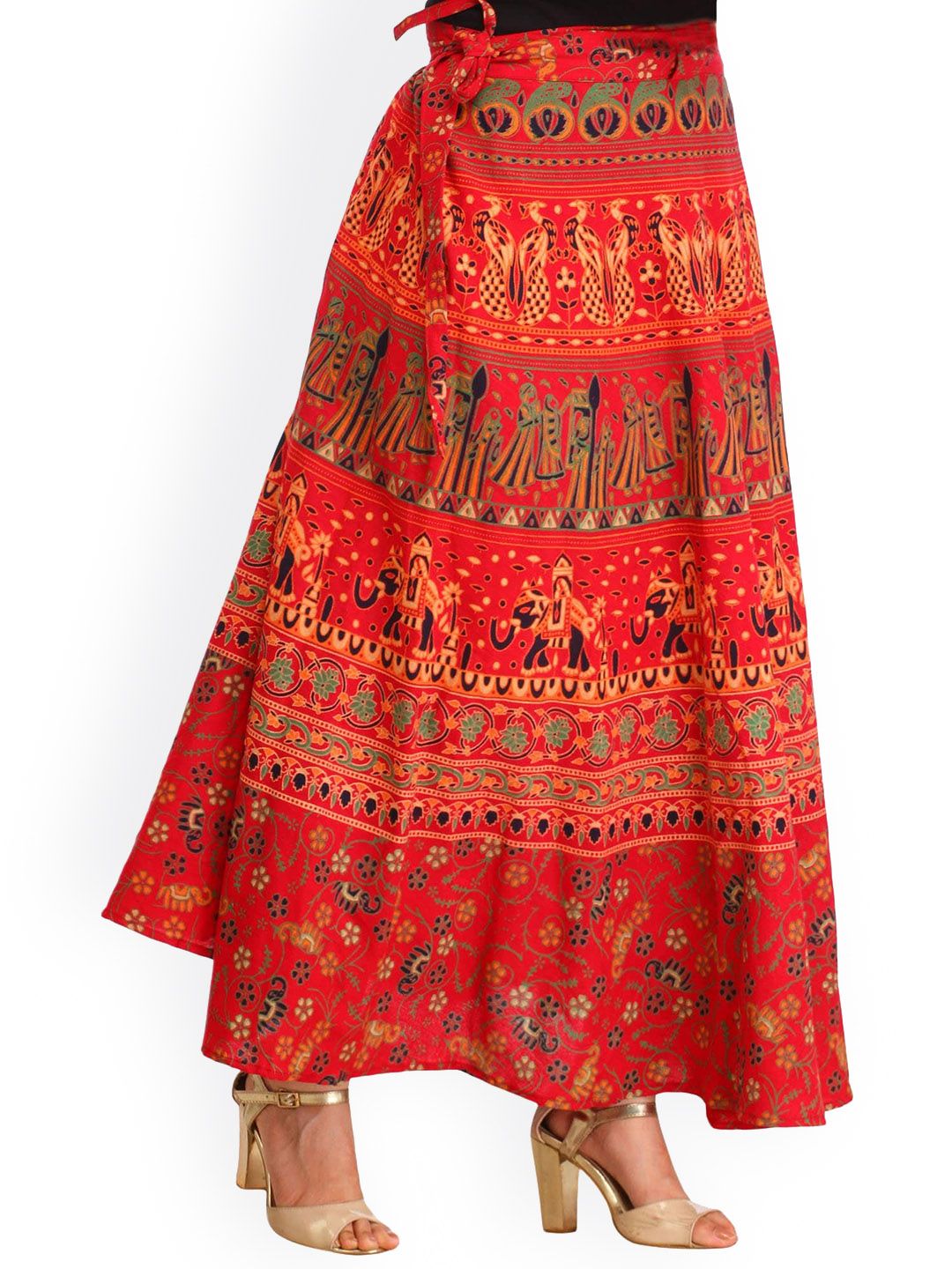 Exotic India Tomato Puree Wrap-around Long Skirt with Printed Wedding Scenes