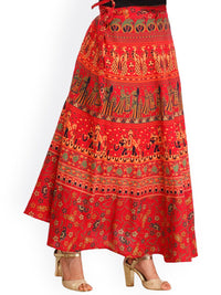 Exotic India Tomato Puree Wrap-around Long Skirt with Printed Wedding Scenes