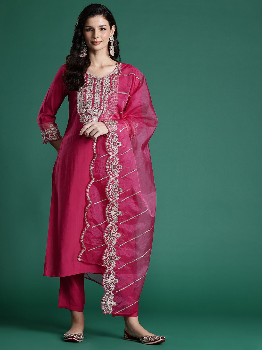 Indo Era Women Ethnic Motifs Embroidered Zari Liva Kurta With Trousers & Dupatta