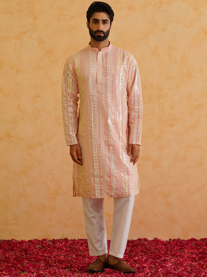 SOJANYA LUXE Kolar Mandarin Bersulam Berjalur Berlabuci Kurta Lurus