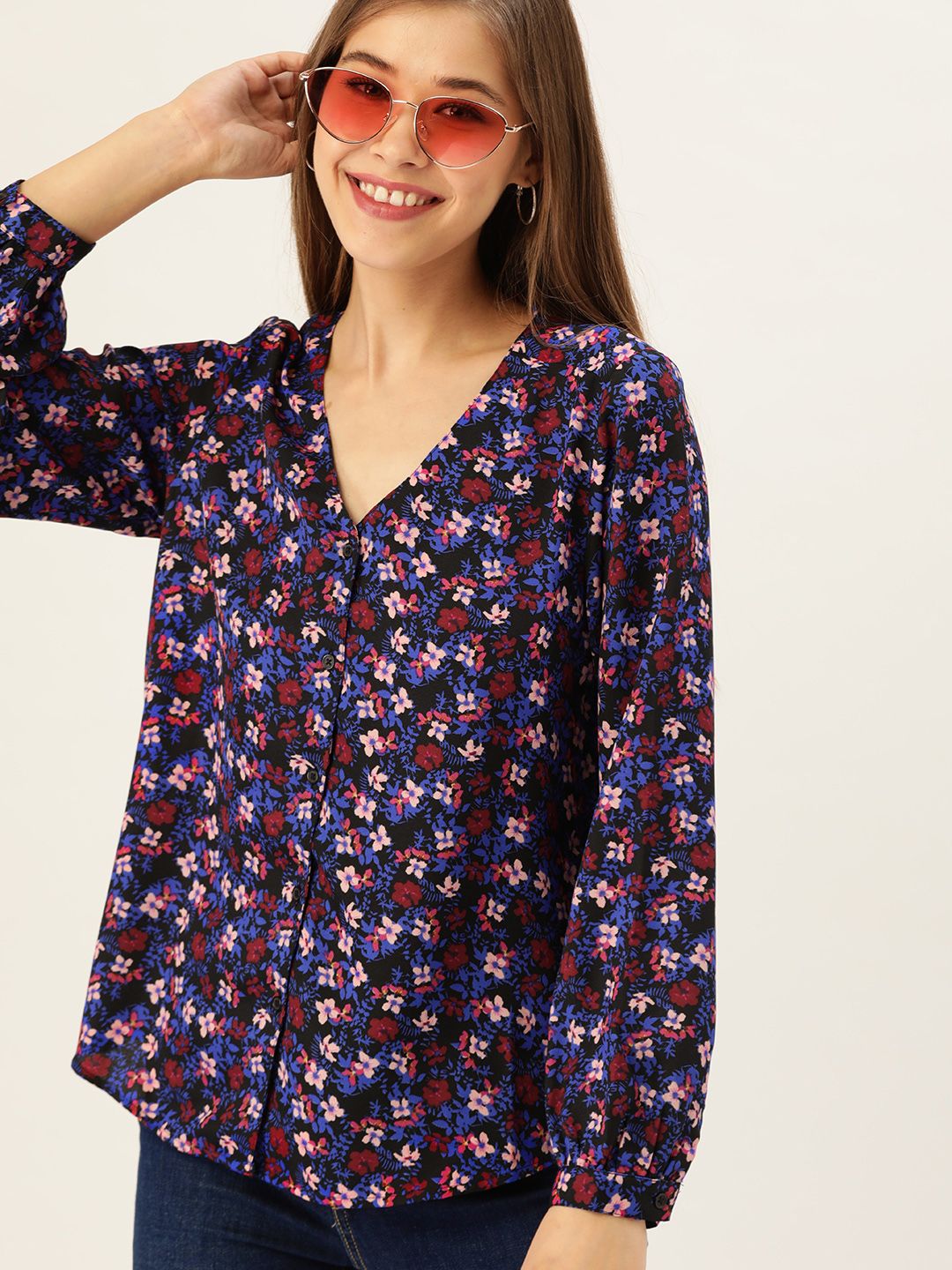 DressBerry Blue & Pink Floral V-Neck Top