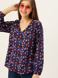 DressBerry Blue & Pink Floral V-Neck Top